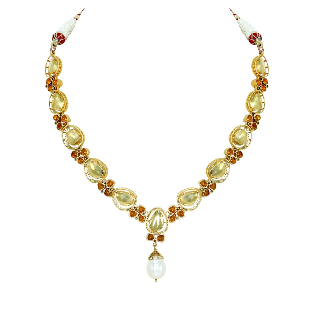 Teardrop Polki Necklace with Diamonds and Pearl Drop